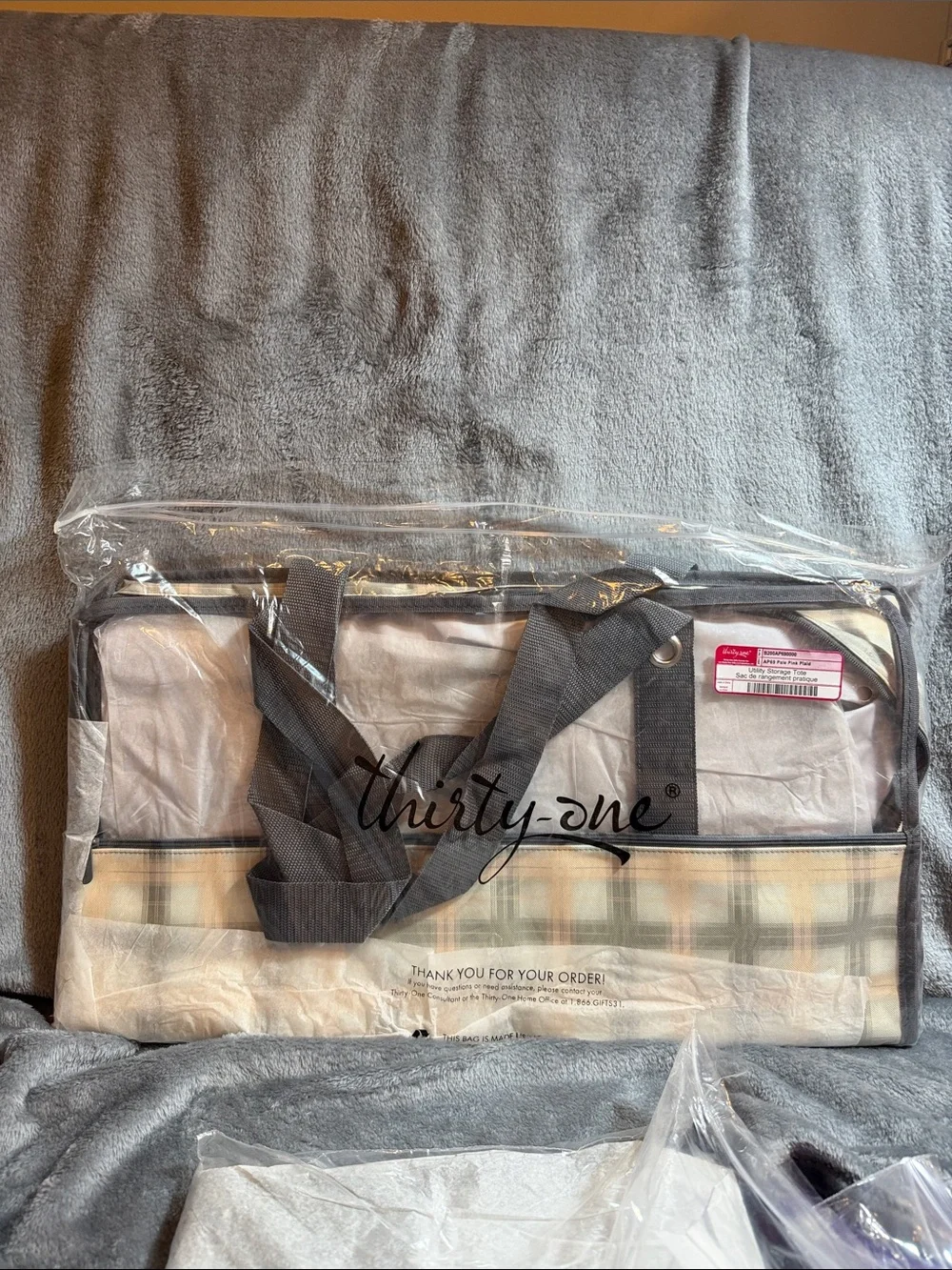 thirty-one utility storage tote  pale pink plaid